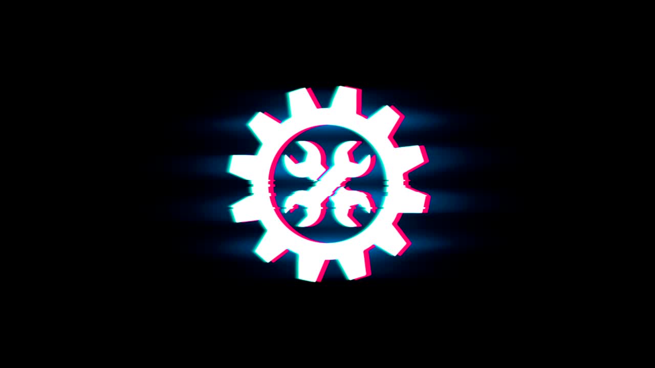 equipo, opción, símbolo de servicio en la animación vintage retro de glitch.