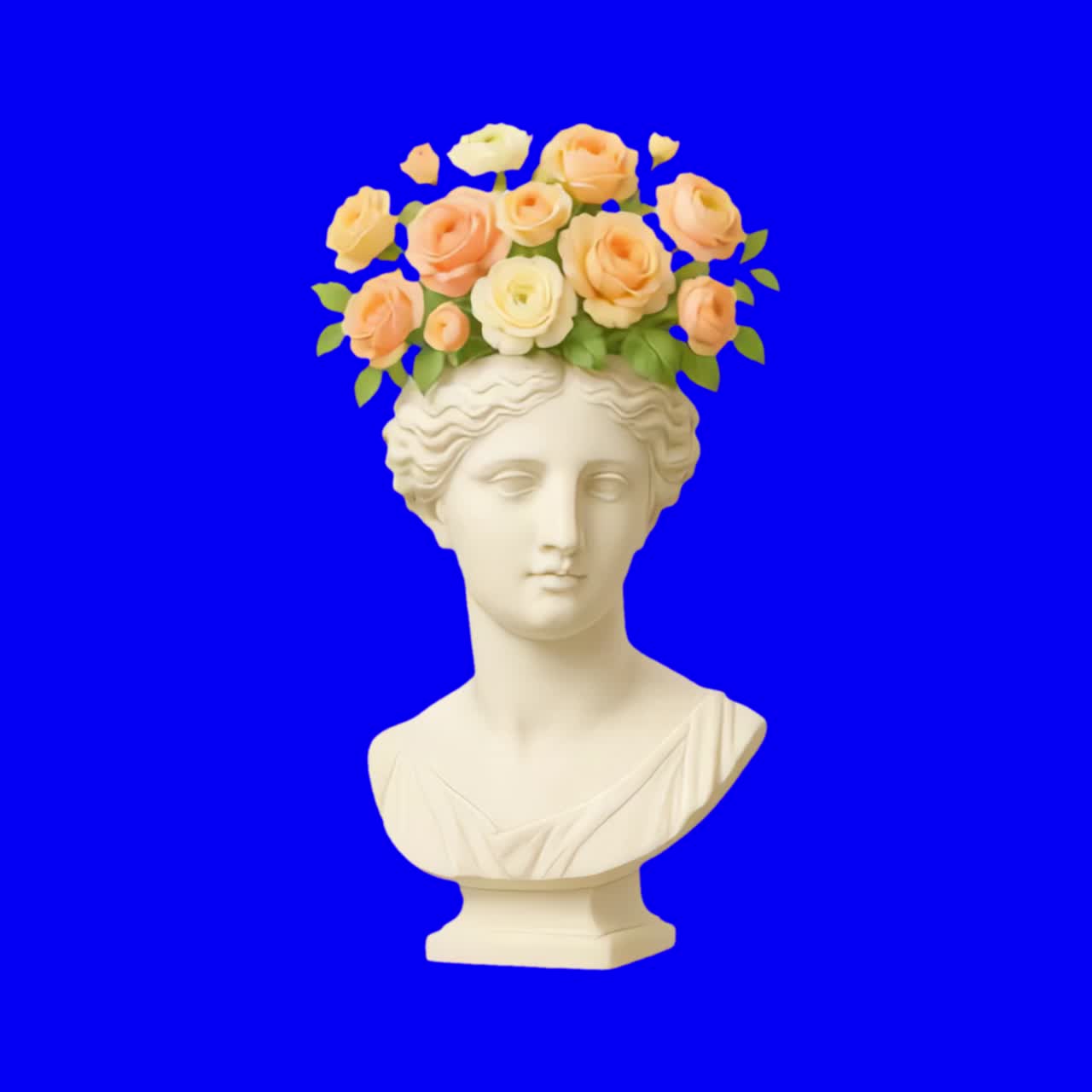 Classical bust with floral headpiece animation, transparent 4K video, green screen