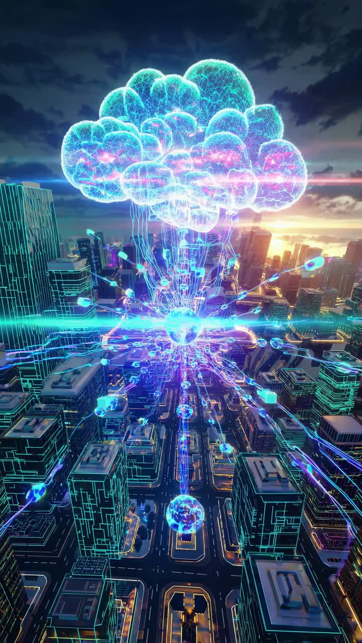 Futuristic cityscape with neon clouds and spheres, viewed from a high angle