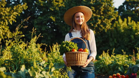 woman harvesting fresh vegetables in a sunny garden