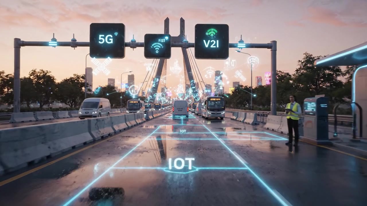 Intersección urbana de alta tecnología con integración de fuerzas del orden y tecnología IoT para una gestión del tráfico y seguridad mejoradas en un paisaje urbano futurista