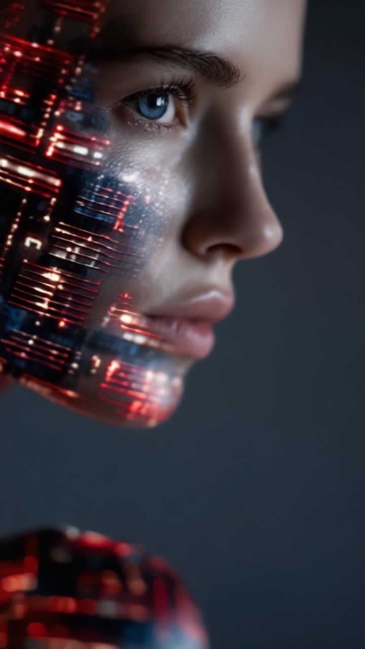 Un Primo Piano Futuristico del Volto di una Donna Intrecciato con Motivi Dinamici Simili a Circuiti, che Evidenzia la Fusione tra Umano e Tecnologia in una Splendida Opera d'Arte Digitale
