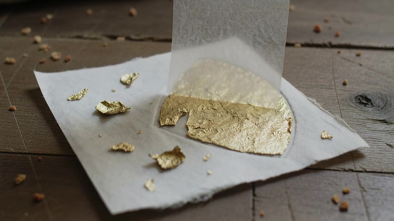 Abbassando la carta velina del doratore che preme la foglia d'oro strappata su carta bianca su un tavolo di legno.