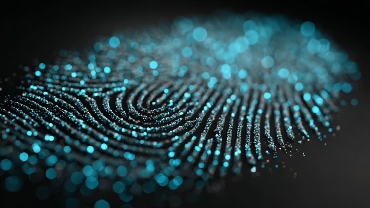 A Close-up View of a Textured Fingerprint Highlighted with Glowing Blue Particles Against a Dark Background, Showcasing Unique Patterns in Vibrant Detail
