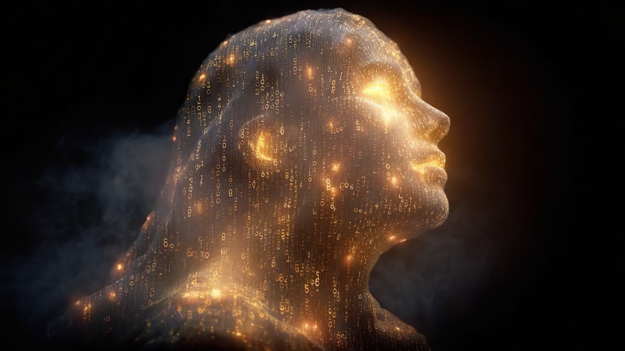 A Mesmerizing Portrait of a Digital Figure Illuminated by Glowing Binary Code, Capturing the Essence of Humanity Merging with Technology in a Thought-Provoking Visual Experience
