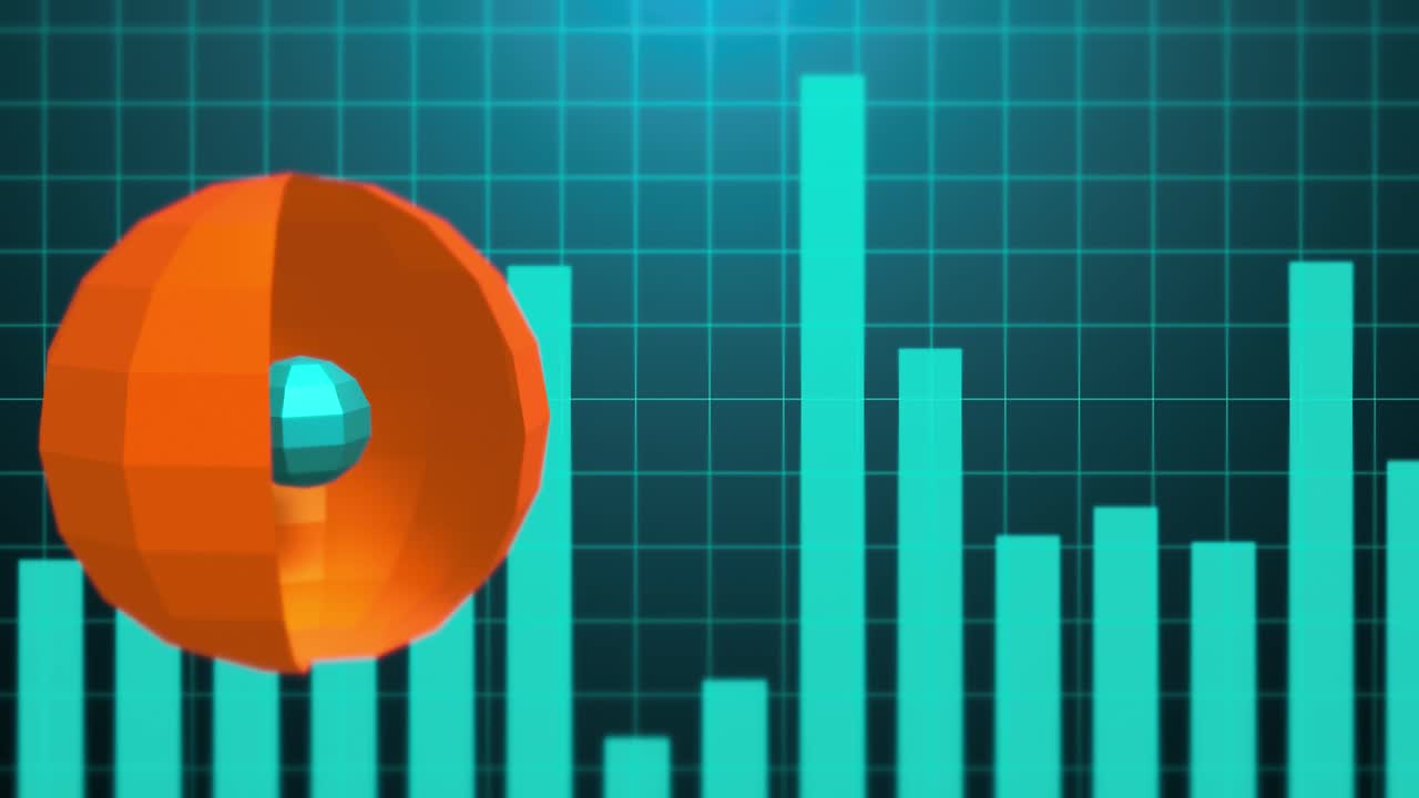 Seamless loop of 3D geometric spheres over a digital business bar chart. Concept of financial growth, data analysis, and corporate technology in a modern motion graphic