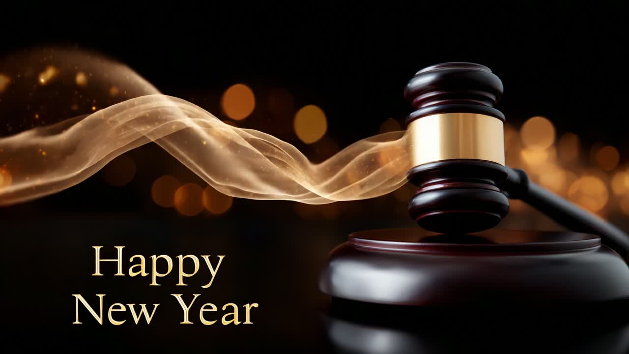 Celebrating the New Year with a Vision for Justice: A Stunning Gavel Surrounded by Ethereal Sparkles and Soft Smoke, Representing Hope, Renewal, and the Rule of Law in the Coming Year