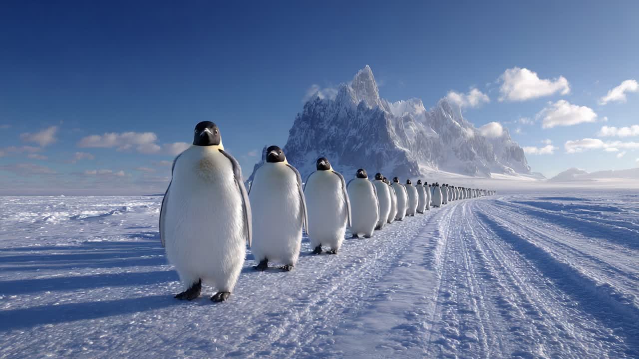A Majestic Line of Emperor Penguins Marches Across the Icy Landscape Beneath a Clear Blue Sky, Showcasing Their Resilience and Beauty in a Horizontal Formation