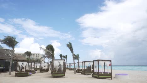 beach beds and coconuts palm trees at seaside of a beautiful caribbean beach. bali beds. vacation.