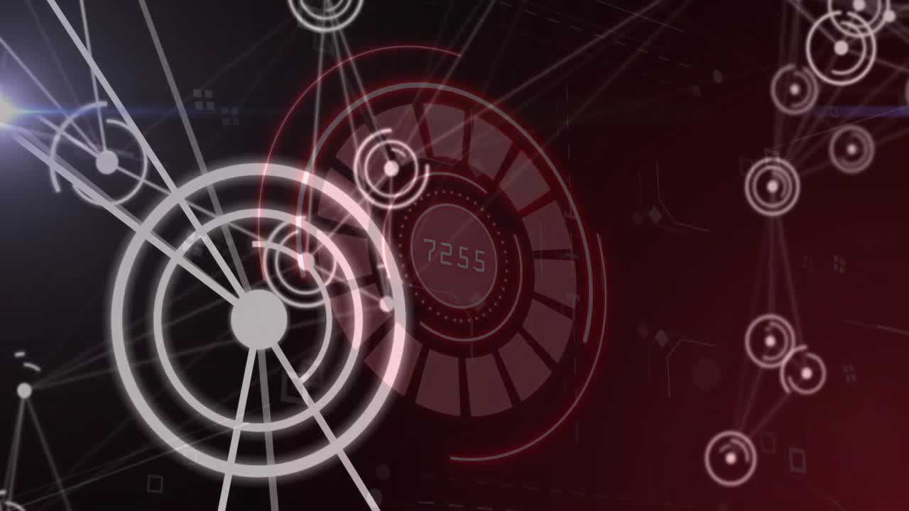 Digital HUD graphic showing red and white concentric rings with numeric display and network nodes