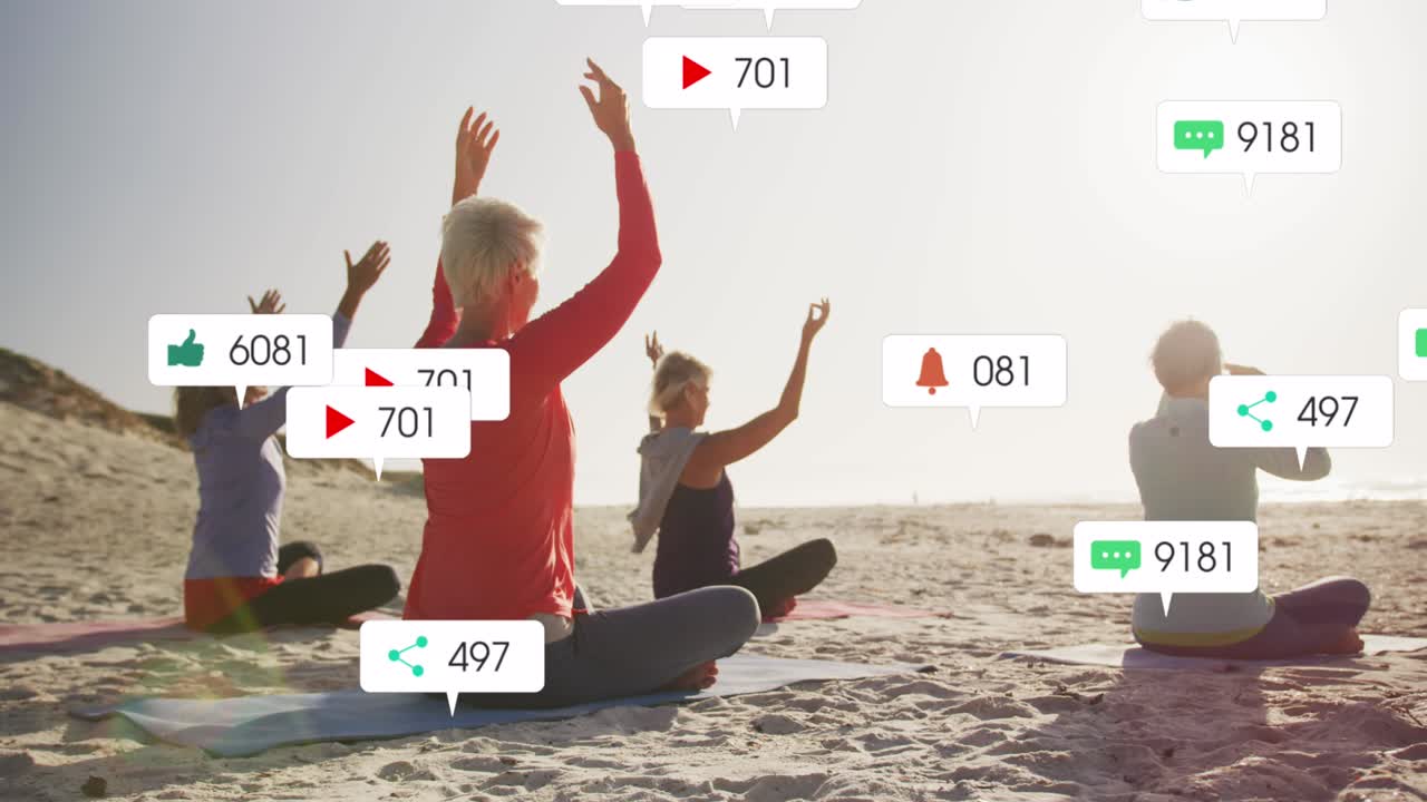 해변에서 요가를 하는 여성들에 대한 소셜 미디어 알림의 애니메이션