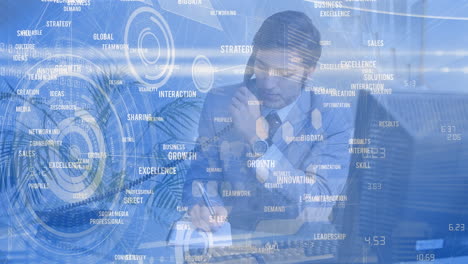 animation of data processing over caucasian businessman talking on phone