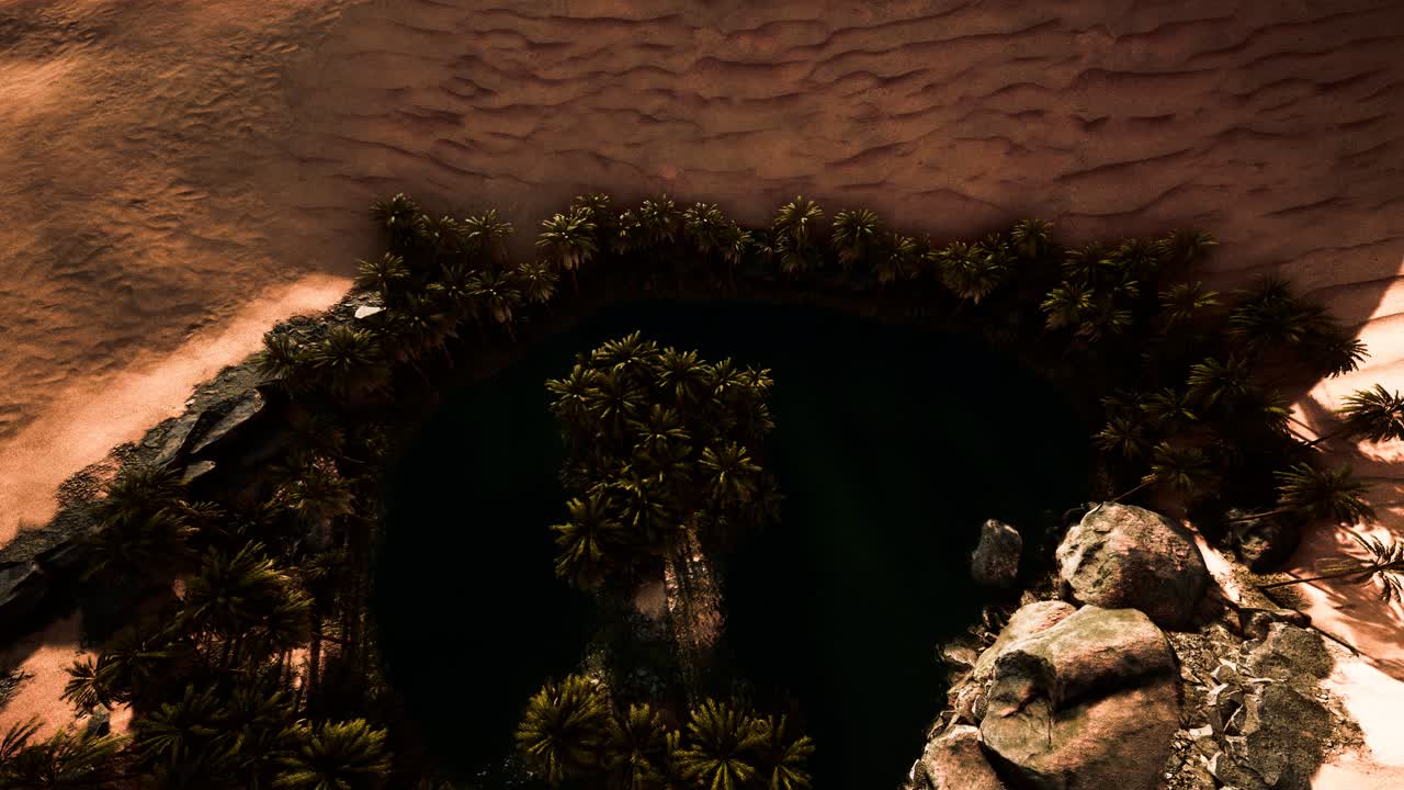 vista aérea de arriba hacia abajo de un oasis en el desierto