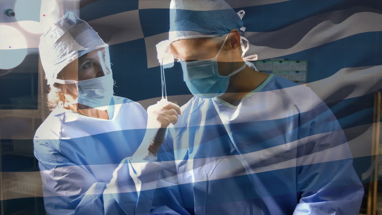 animación de la bandera de grecia ondeando sobre los cirujanos en el quirófano