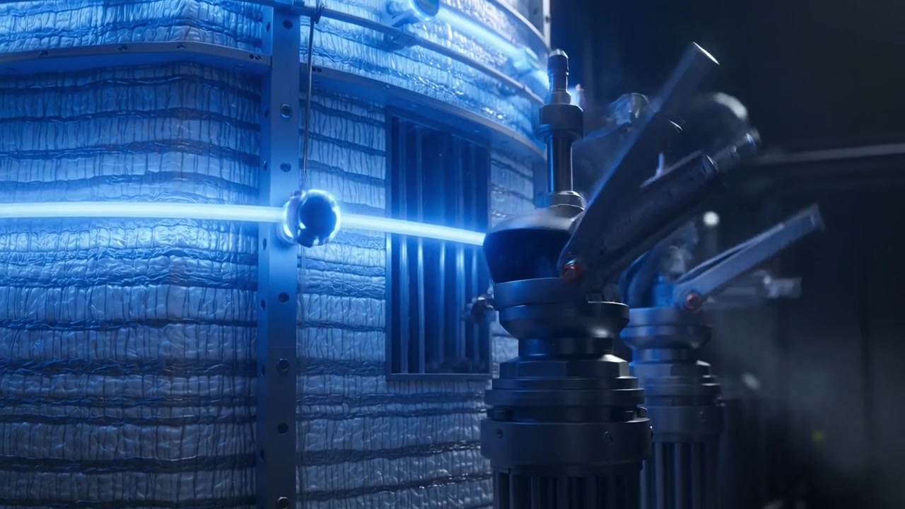 Futuristic Industrial Machine with Rotating Robotic Arms and Blue Energy Beams