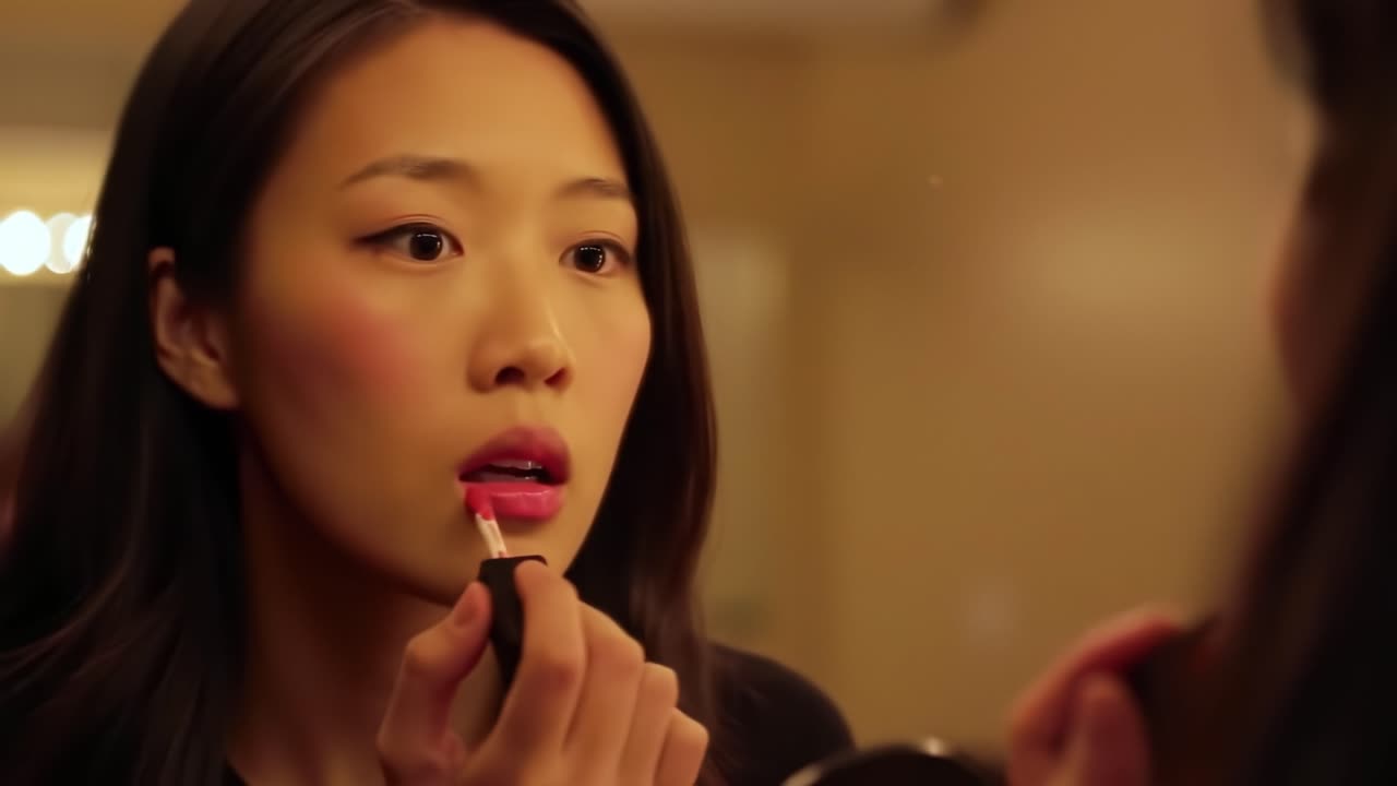 A Young Woman Perfects Her Makeup Routine with Bold Lip Color Application in a Softly Lit Mirror Reflection