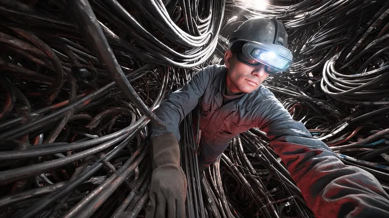 Worker navigates complex network of cables in dimly lit environment