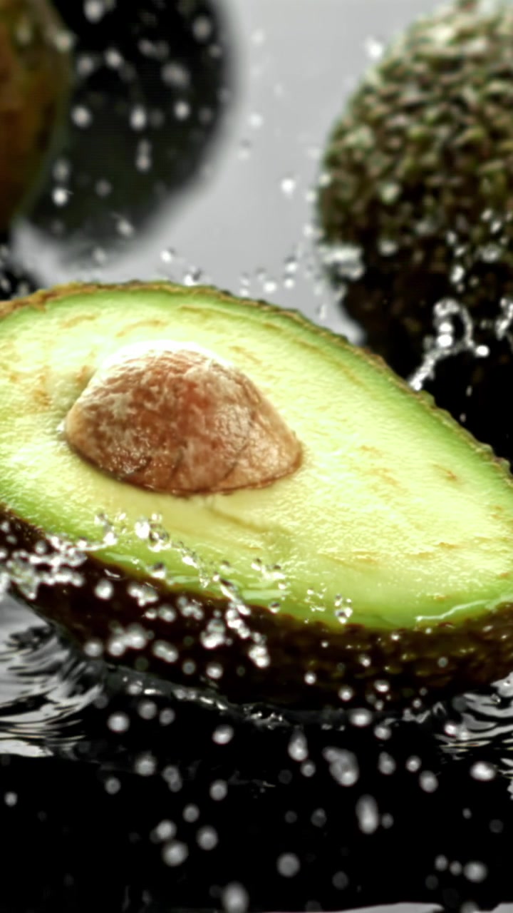 Rallentatore di acqua che schizza su mezzo avocado fresco