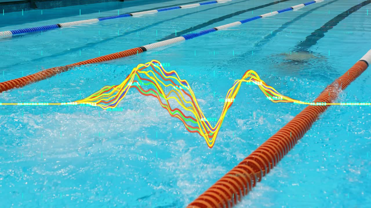 Mano enguantada de nadador entrando al agua causando una superposición de forma de onda que captura el movimiento en análisis deportivos