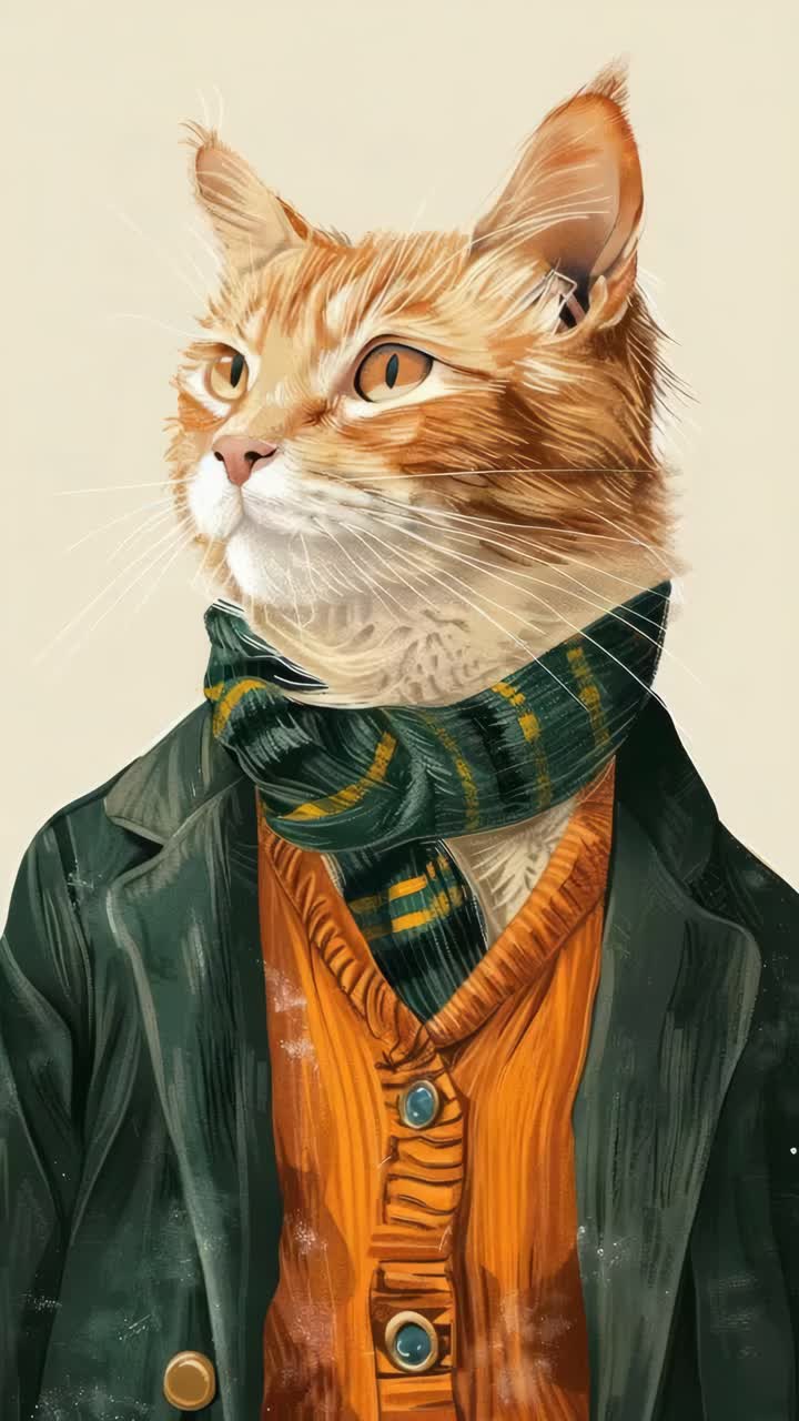 Illustration of a cat in vintage attire, angled slightly upward