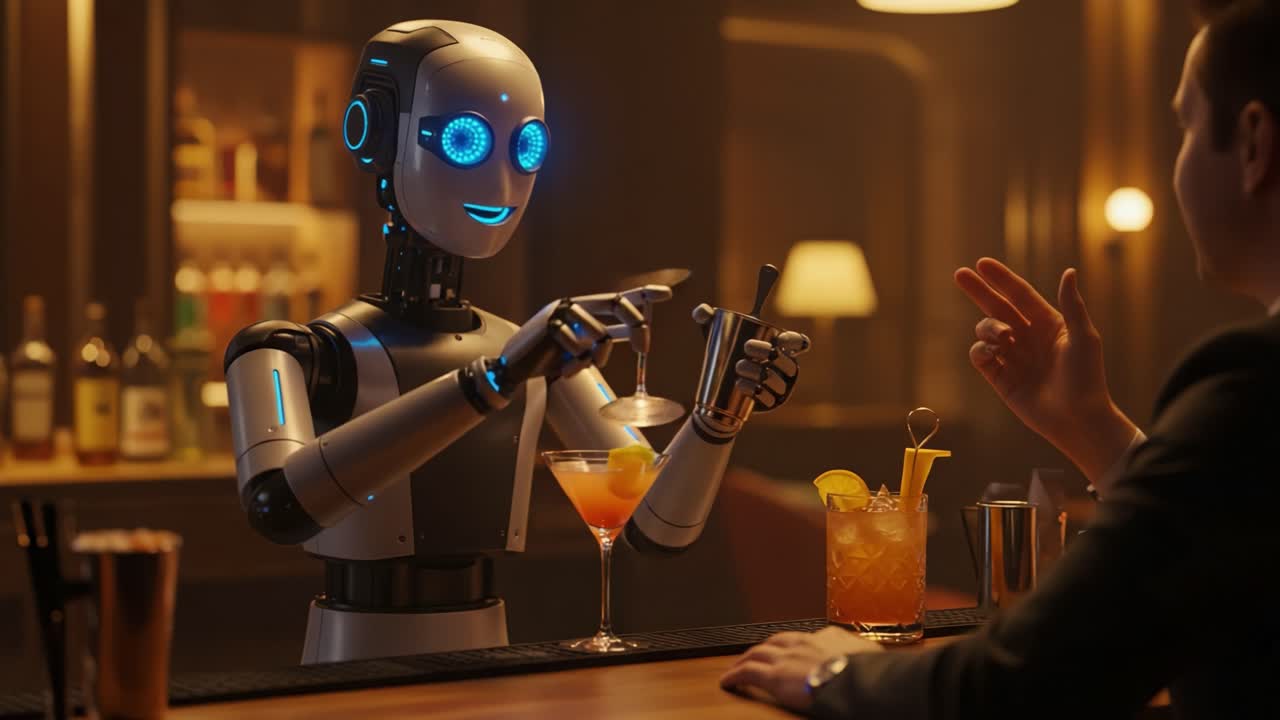 An Innovative Robot Mixologist Delivers Perfectly Crafted Cocktails to a Curious Patron in a Contemporary Bar Setting with Ambient Lighting