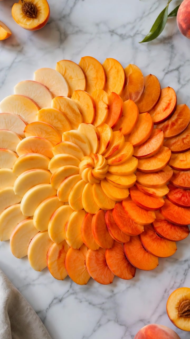 Close view of orange slices forming rounded arrangement on light marble background with fresh fruit pieces and leaves, highlighting vivid color, natural texture, soft lighting, and balanced composition.