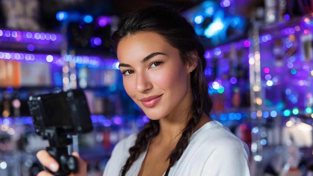 A confident young woman poses for the camera while holding a video recording device, set against a vividly lit backdrop of colorful lights and products, exuding charm and self-assurance