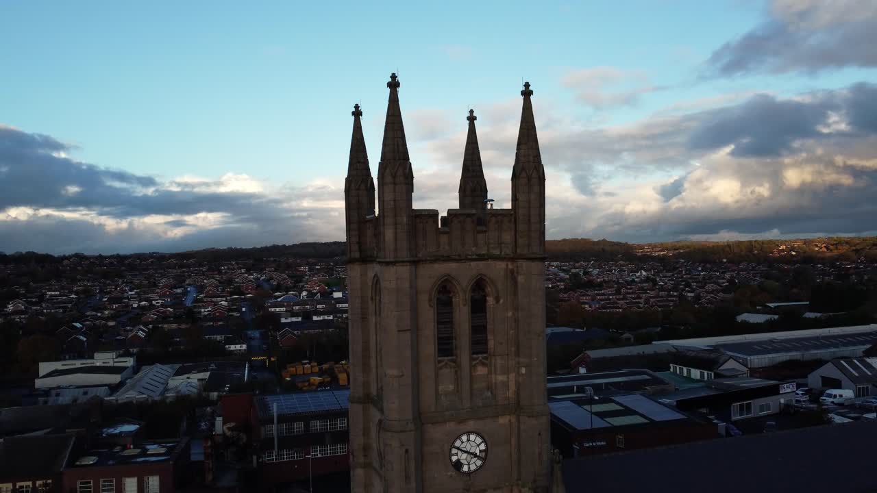Aerial view of a church clock tower