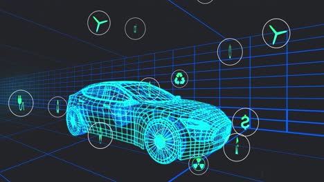 animación de múltiples iconos digitales sobre un modelo de coche 3d que se mueve en un patrón sin fisuras en un túnel