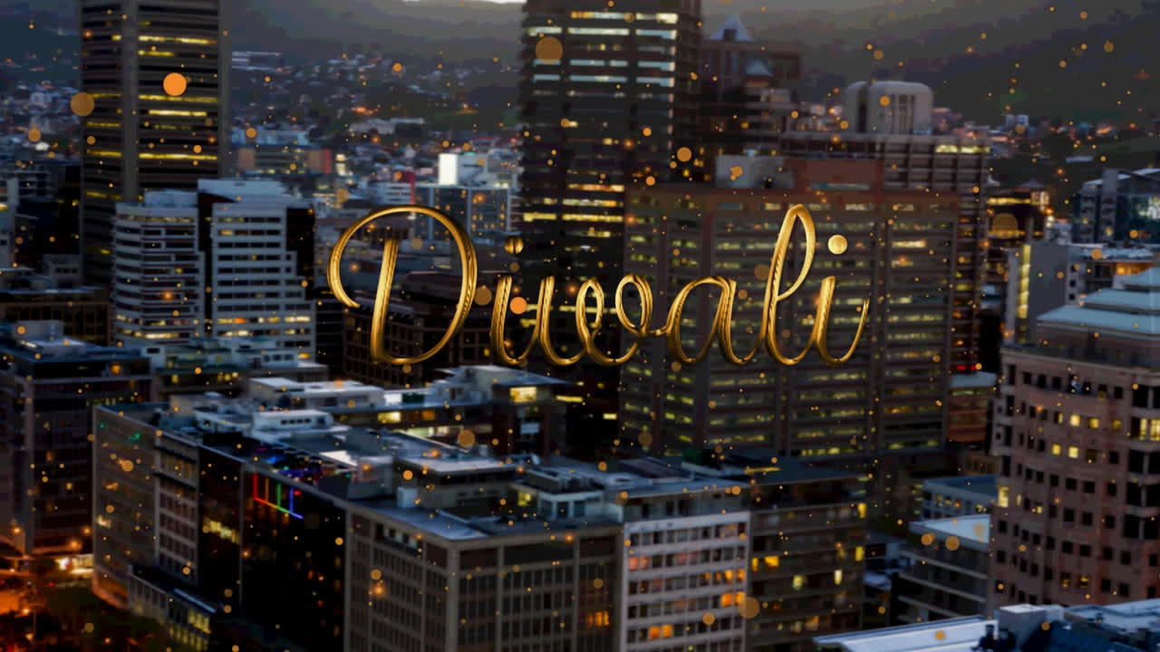 도시 풍경 위에 행복한 디발리 텍스트의 애니메이션