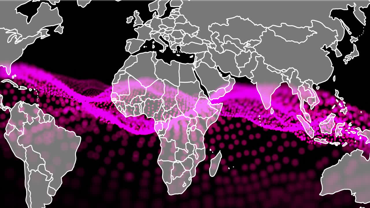Overlaying world map, pink digital wave pattern with dotted texture in animation