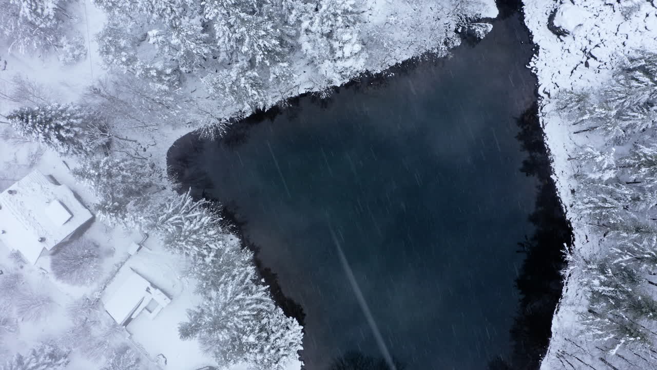 заснеженное озеро, окруженное деревьями и домами, вид с воздуха, спокойное зимнее настроение