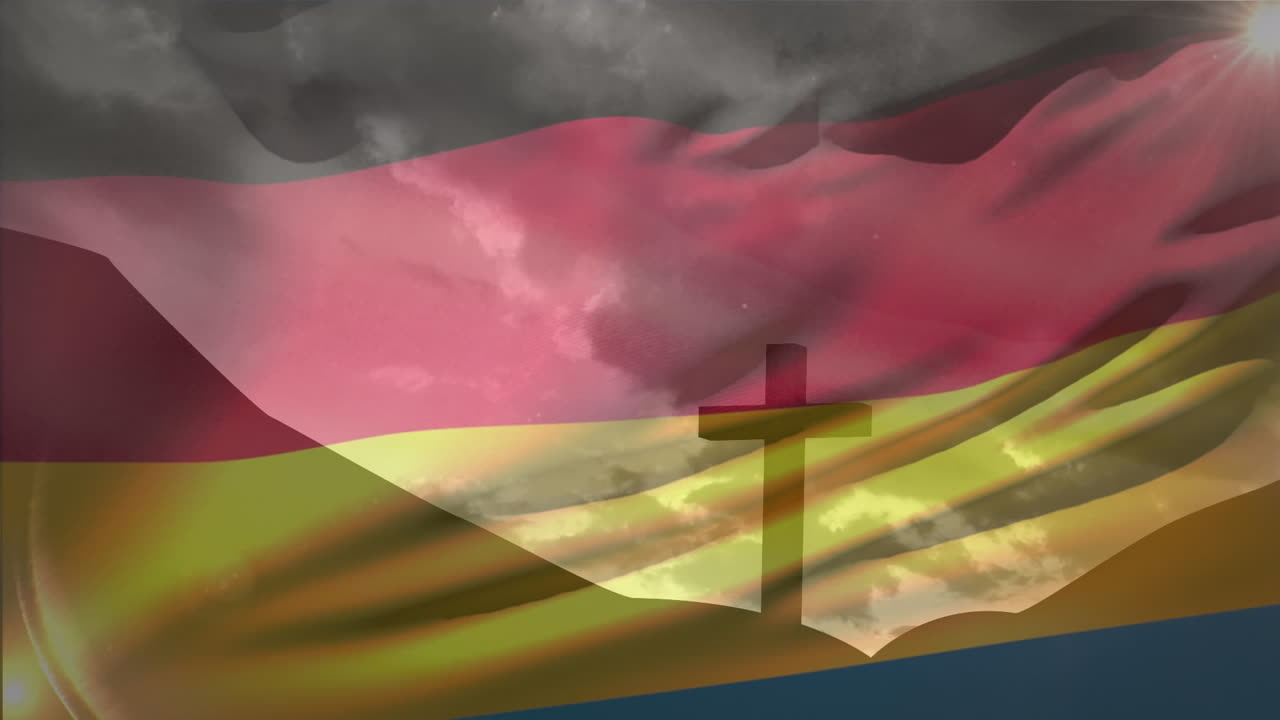 산 위의 십자가 십자가의 실루에 대해 독일 발을 흔들고 있는 애니메이션