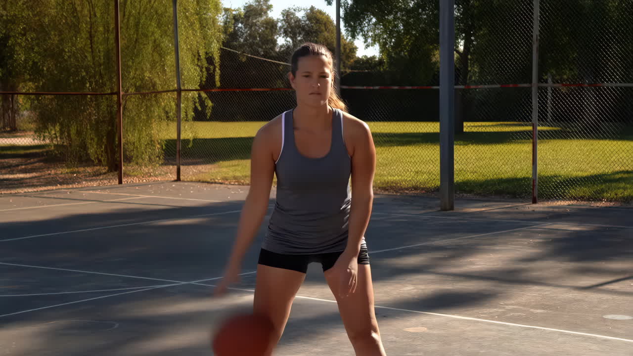 A woman dribbling a basketball on an outdoor court