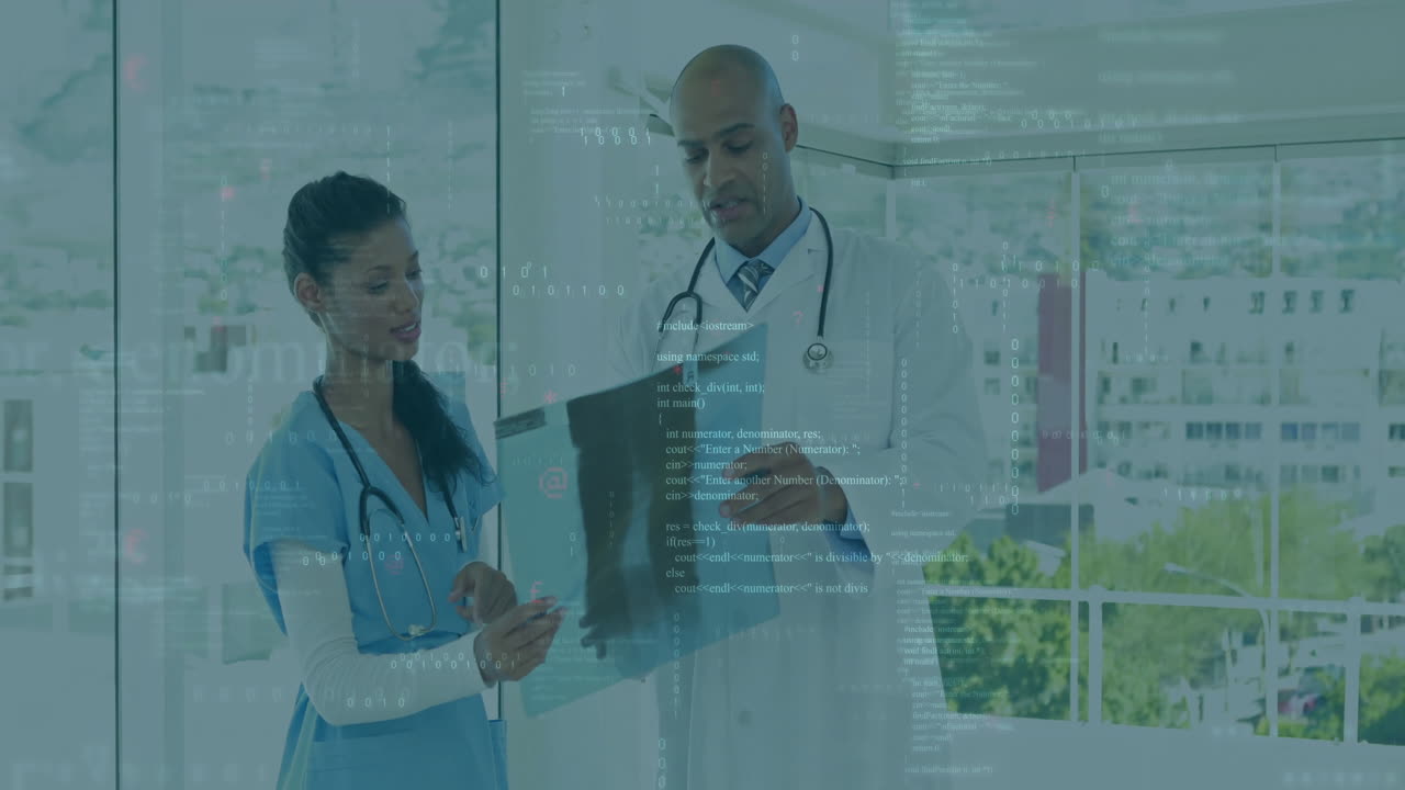 female nurse pointing at X-ray film with male doctor examining in hospital, floating binary code