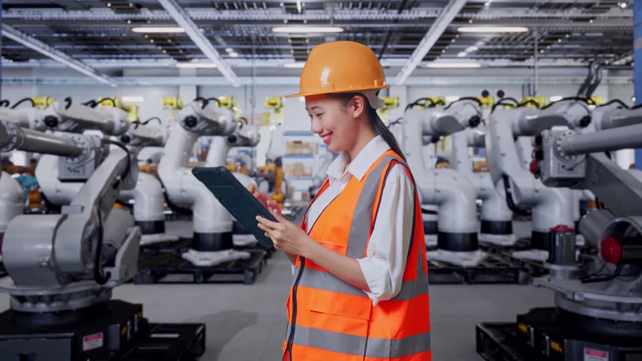 Woman Engineer Inspecting Robots in a Factory