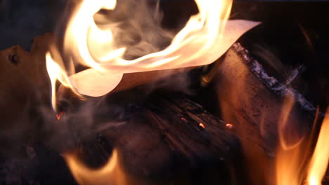 paper burning in yellow flame. paper in bonfire with lots of trees burning in outdoor