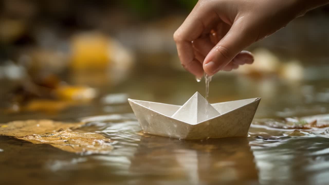 Un momento delicato immortalato: una mano che posa una barchetta di carta sull'acqua, circondata da delicate gocce di pioggia in un sereno ambiente naturale