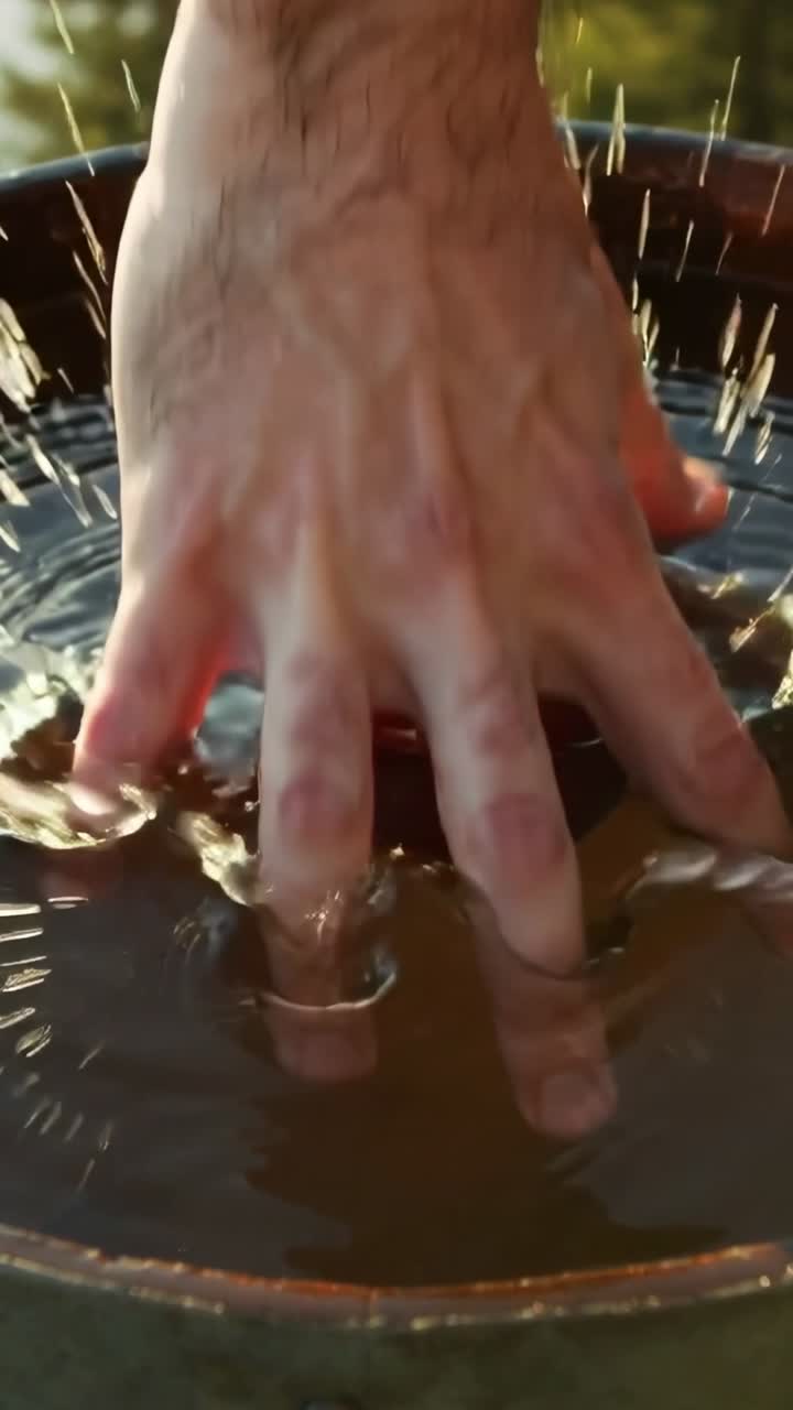 Video verticale: Avambraccio nudo che si immerge in una botte di legno all'esterno per afferrare una mela rossa galleggiante che viene toccata.