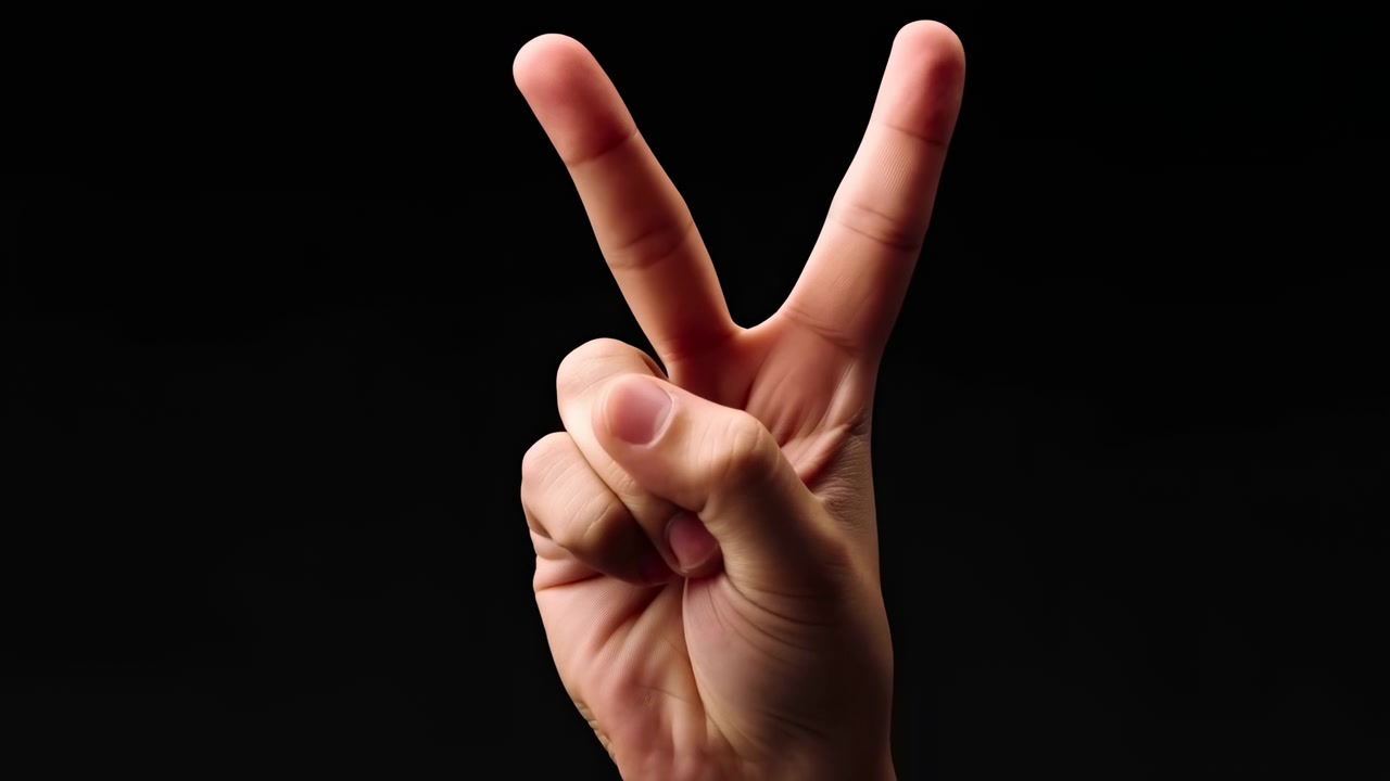 Primo piano di una mano che mostra il segno della vittoria su sfondo nero, palmo e dita illuminati da studio che formano il gesto della pace