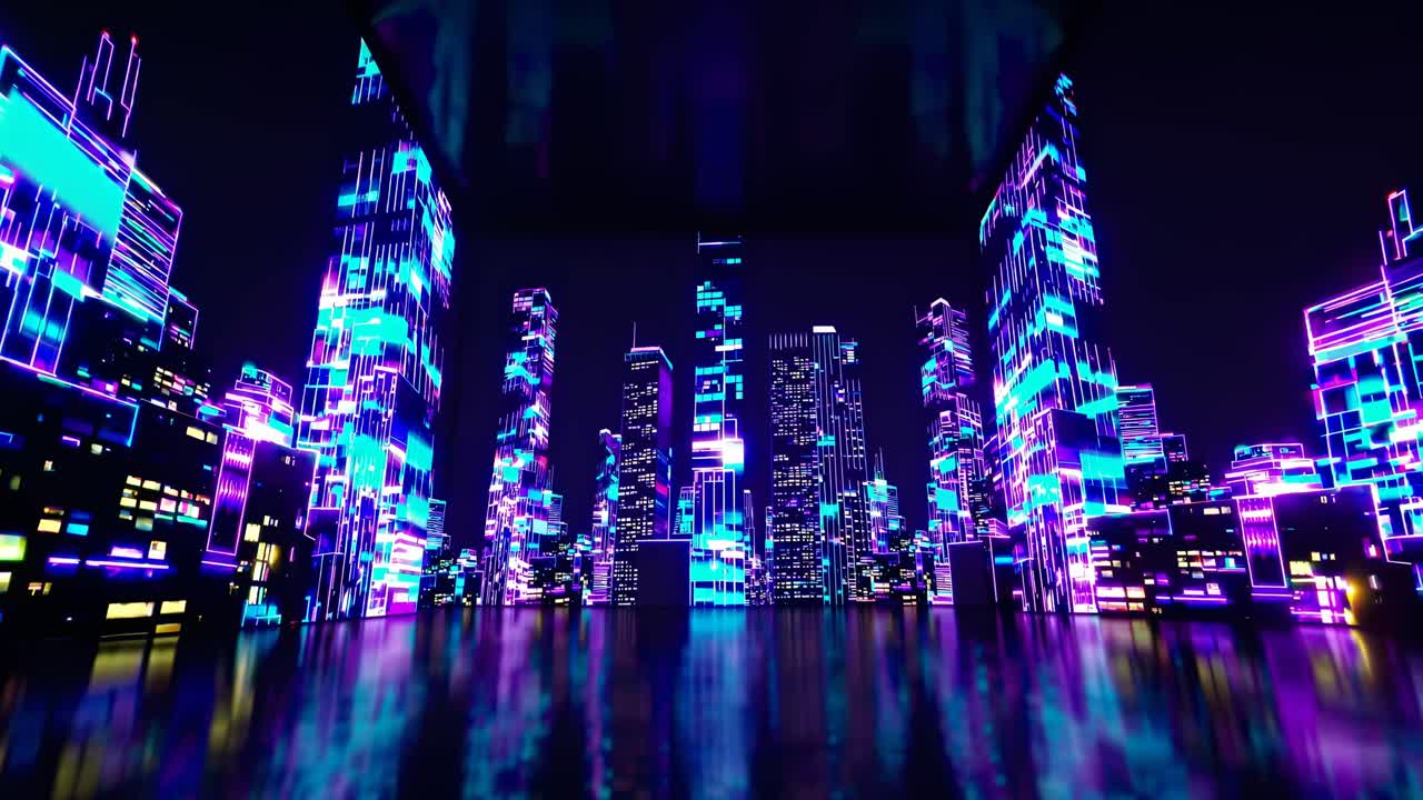 Futuristic cityscape with neon lights, viewed from a low angle. The digital style evokes a cyberpunk