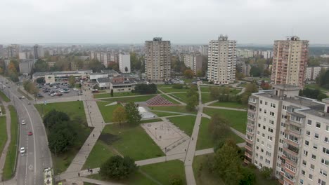 done side view of tall soviet (ussr) style block apartment buildings in the chechnya square (čečėnijos aikštė) in kaunas, kalniečiai district, lithuania