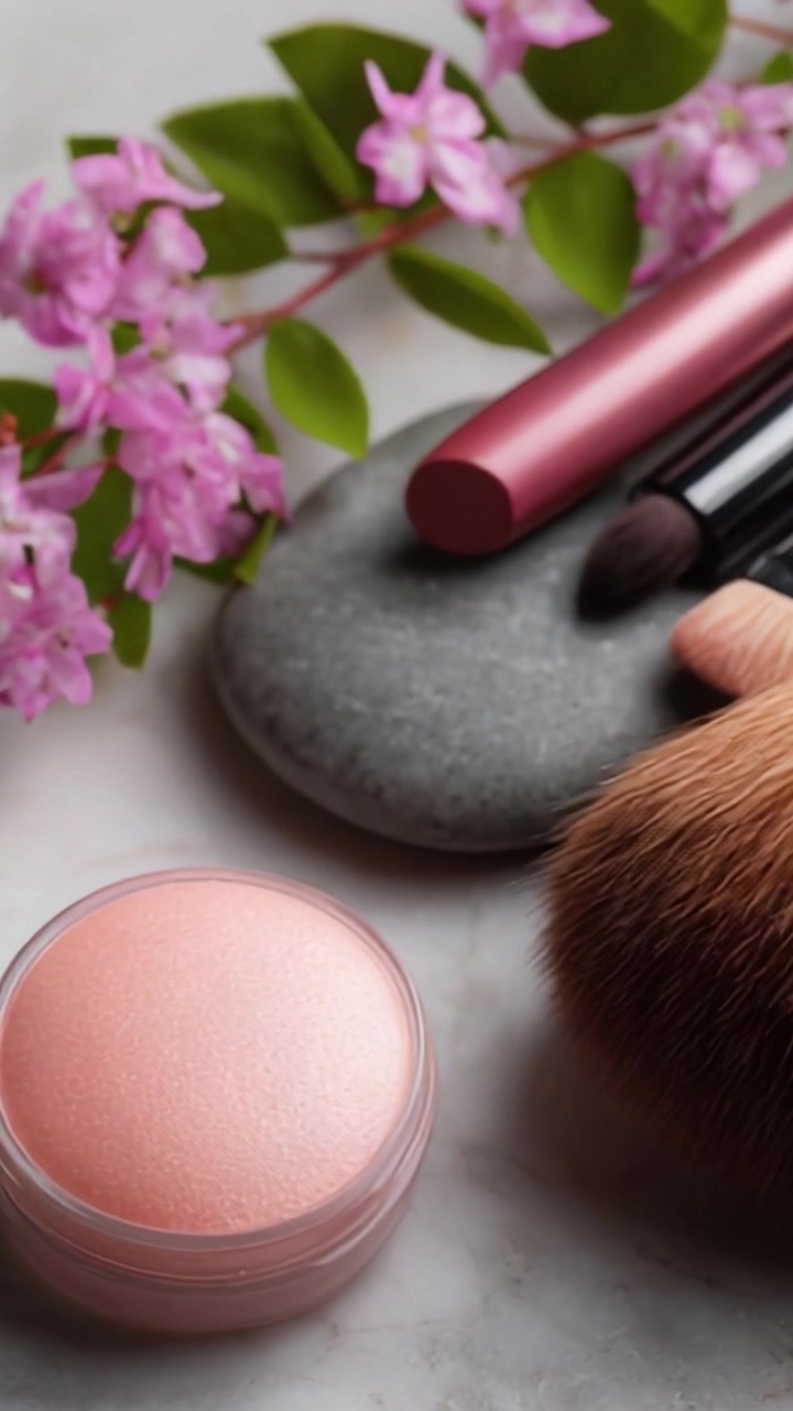 Stylish Beauty Setup Featuring Soft Pink Makeup, Brushes, and Natural Elements Perfect for Enhancing Your Cosmetic Routine and Creating a Fresh Look