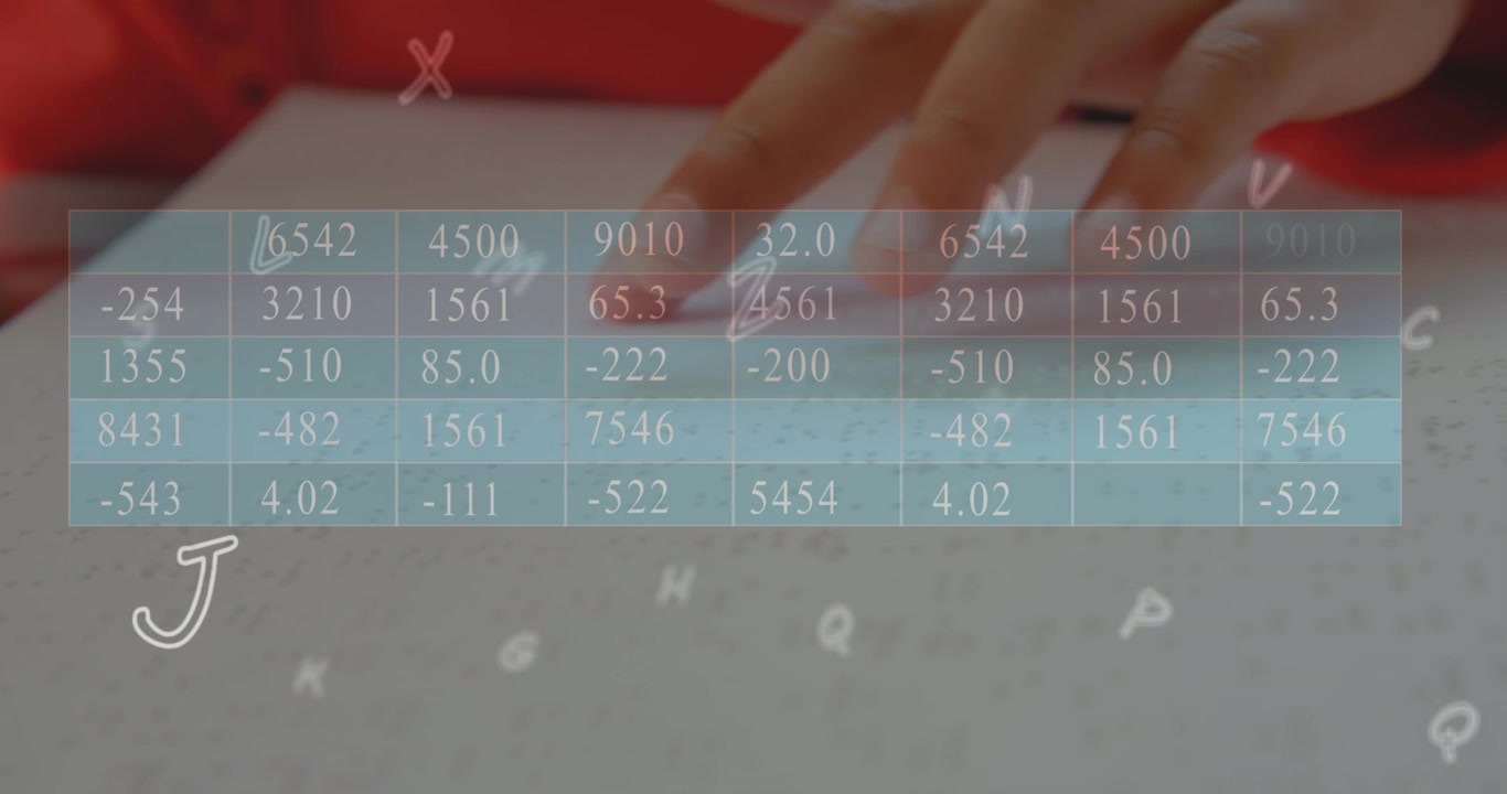 Animation of multiple alphabets and data processing over close up of a finger reading in braille