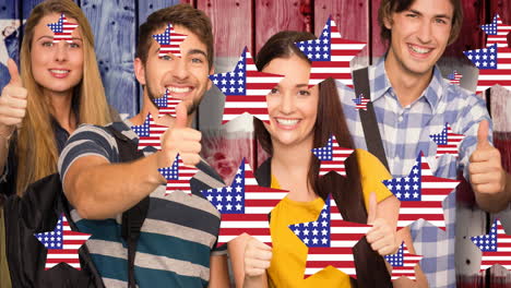 animation of smiling friends over stars coloured with american flag