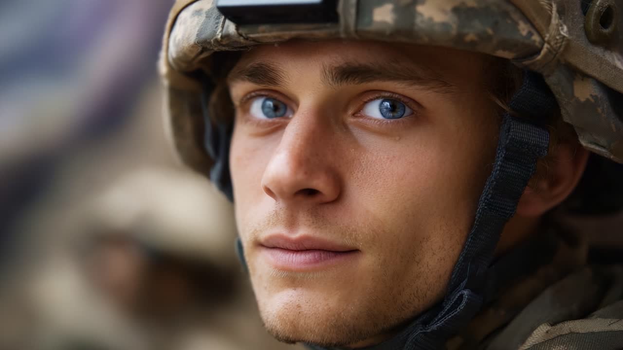 A young soldier's determined gaze captures resilience and strength in the face of challenges, showcasing the bravery and commitment of those who serve