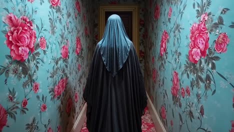 a woman in a black dress walking down a hallway with roses on the walls