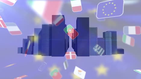 animation of flags of european nations with flag of european union, over modern cityscape