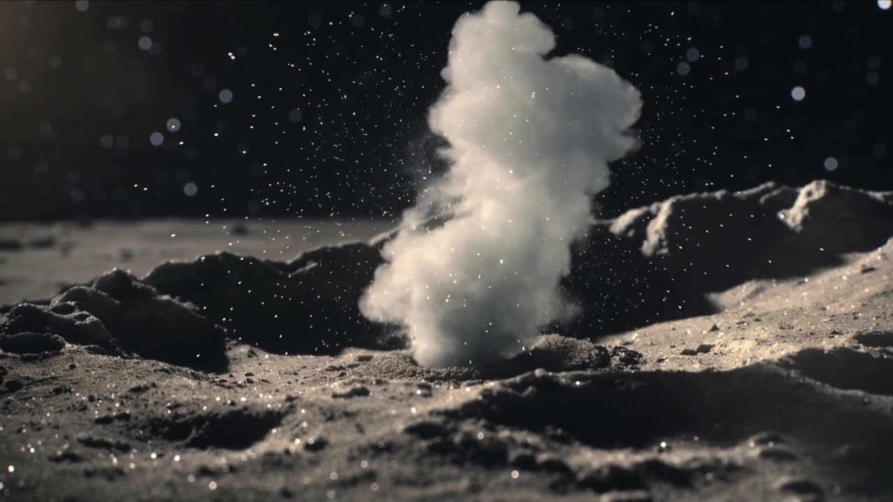 Expanding small white puff sending dust plume rising from shallow crater on barren plain