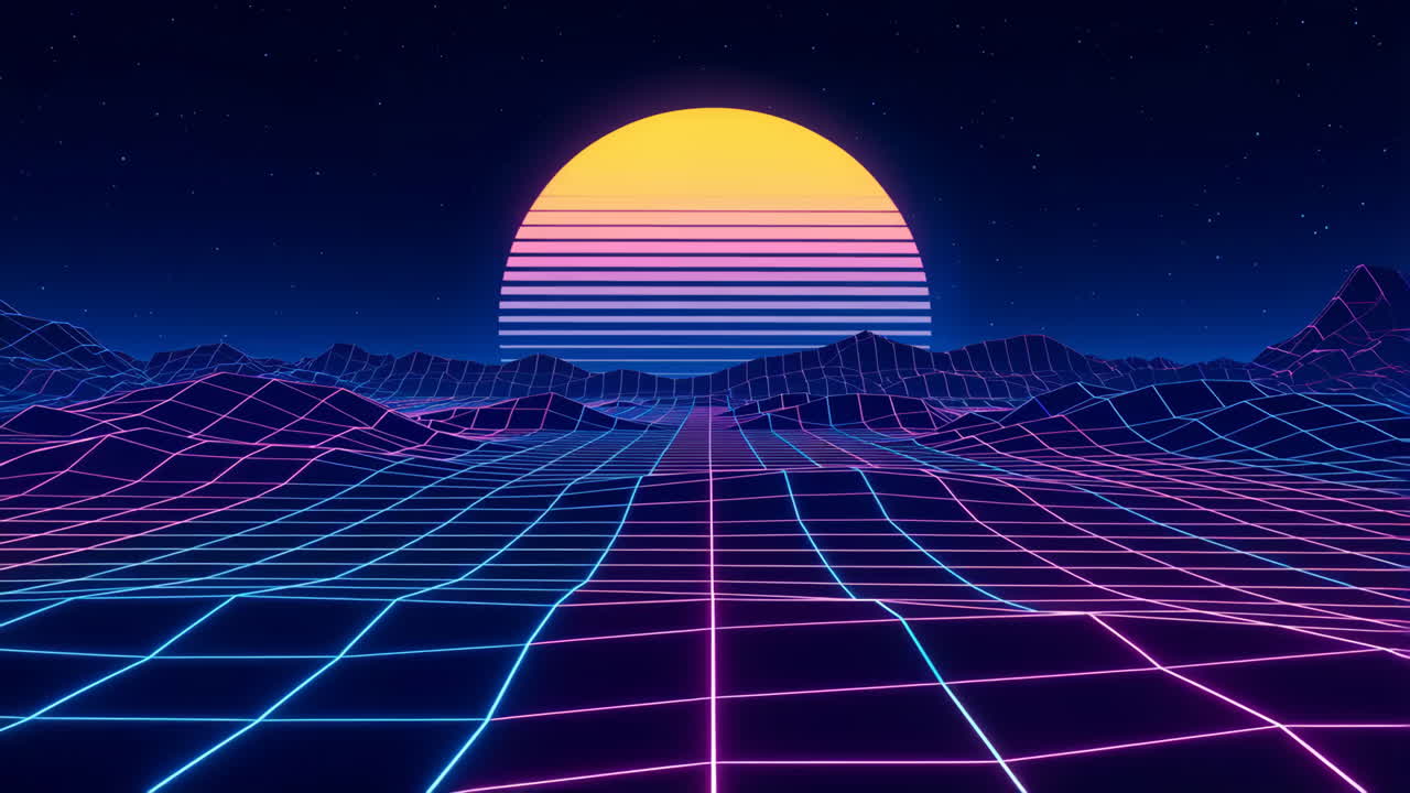 Retro Synthwave Grid Landscape with Striped Sun